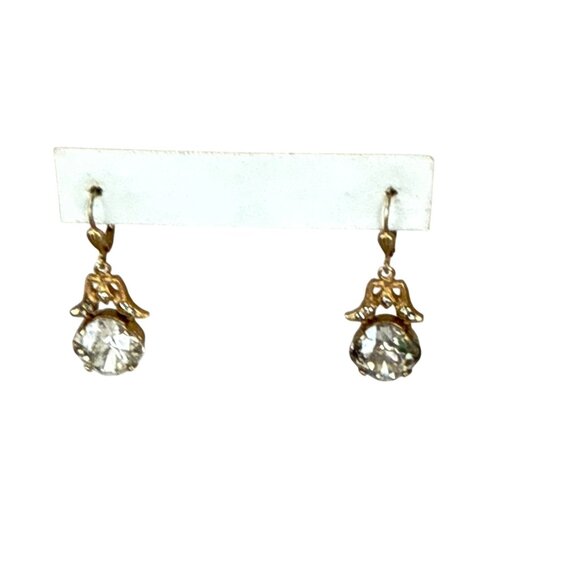 Art Deco Style Rhinestone Drop Earrings Brass Leverback Vintage Dangle 1.5" - Picture 7 of 10